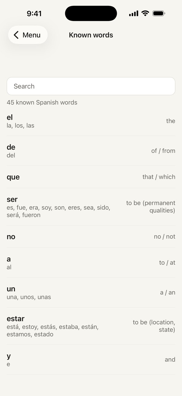 The Known Words list