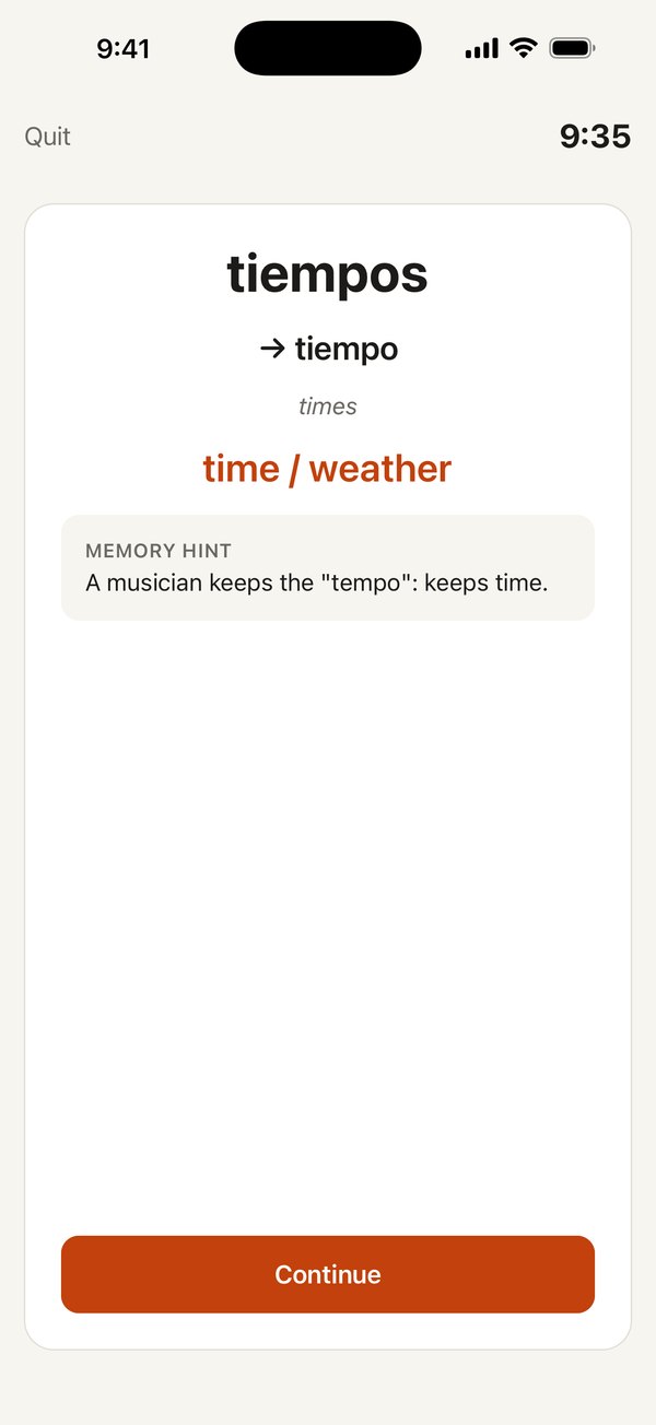 The answer card: tiempos comes from tiempo, meaning time or weather