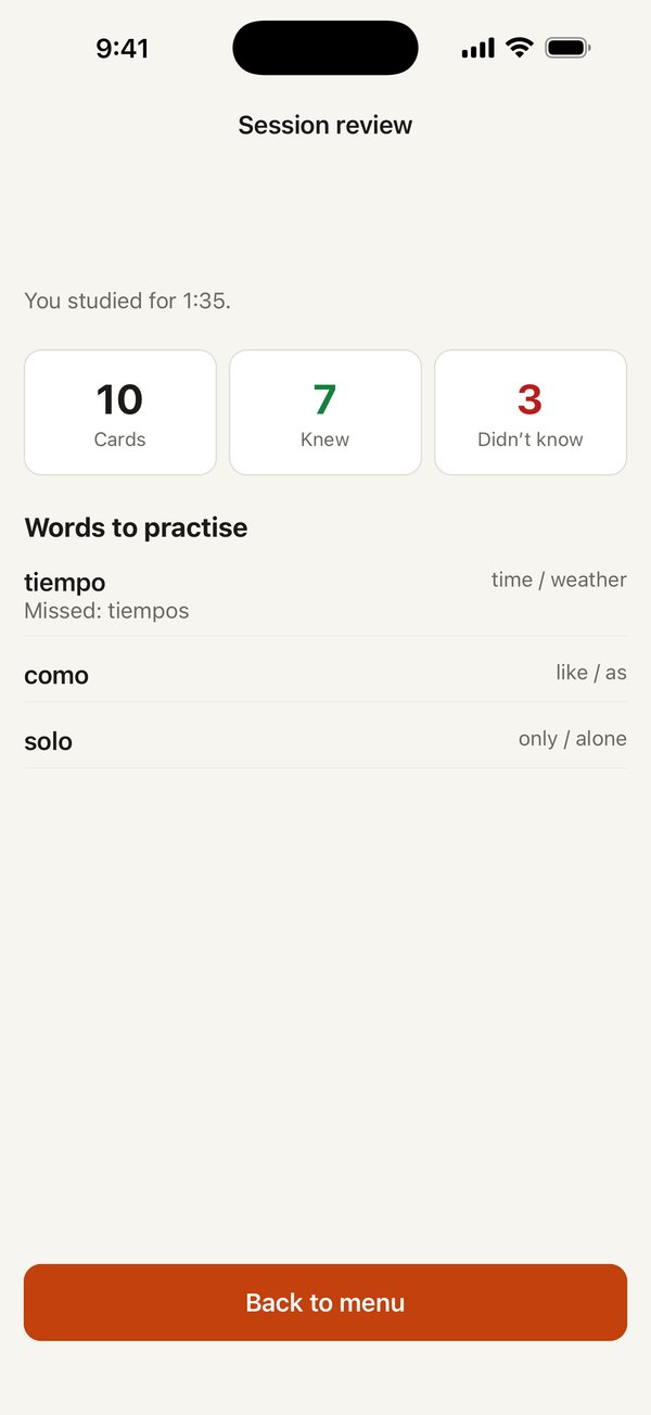 The session review with cards seen, words known and words to practise